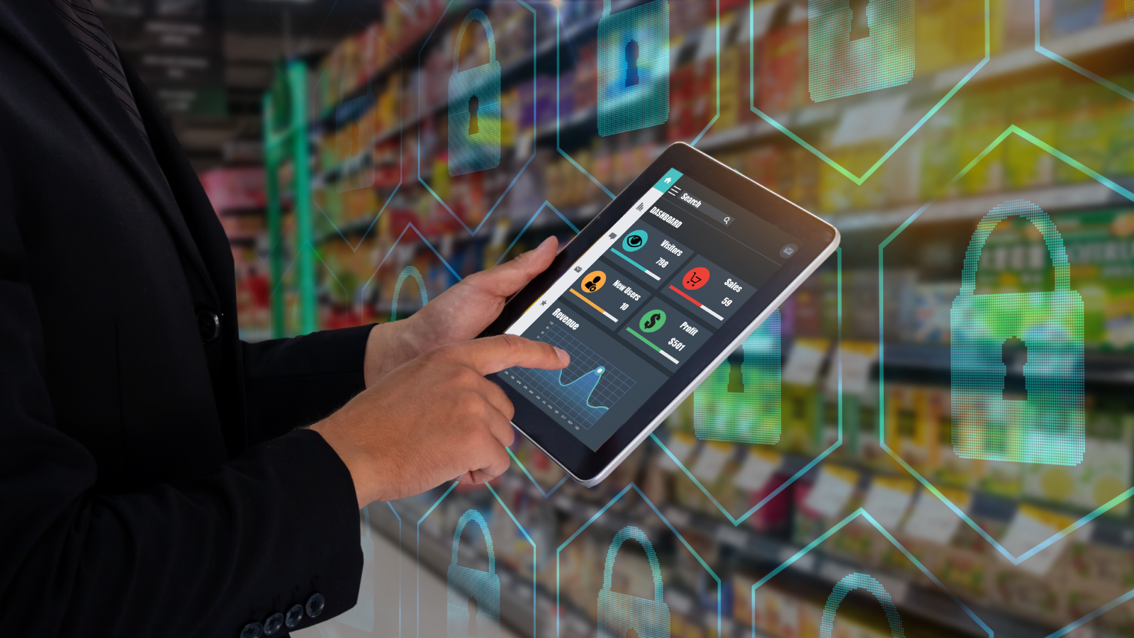 IT professional managing smart security systems and digital retail infrastructure on a tablet